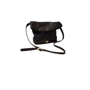 Vintage MONET Black Leather Crossbody Bucket Bag With Fold Over Top